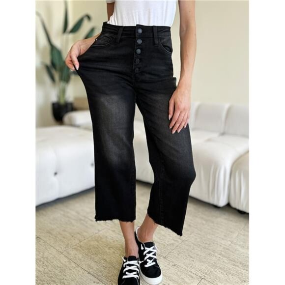 NWT 💙 Judy Blue High Waist Button Fly Jeans, Black, Raw Hem, Slightly Stretchy - Picture 4 of 7